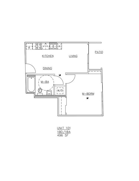 A floor plan of a living space with a kitchen, dining area, and a patio.